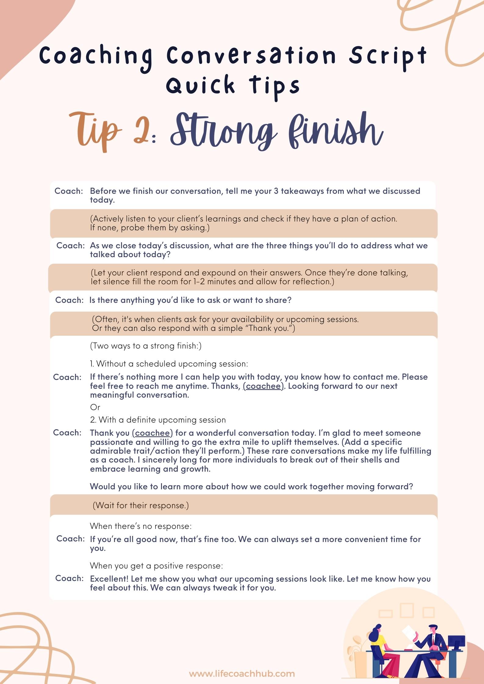Strong finish for coaching conversation script tip