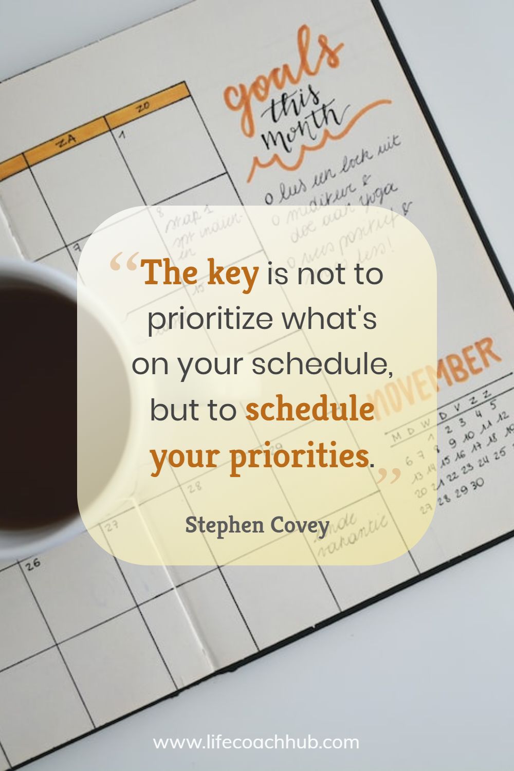 The key is not to prioritize what's on your schedule, but to schedule your priorities. Stephen Covey Coaching Quote
