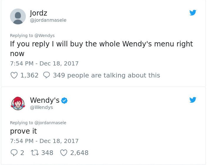 Twitter user to Wendy's: "If you reply I will buy the whole Wendy's menu right now" Wendy's reply: "Prove it," life coaching marketing plan 