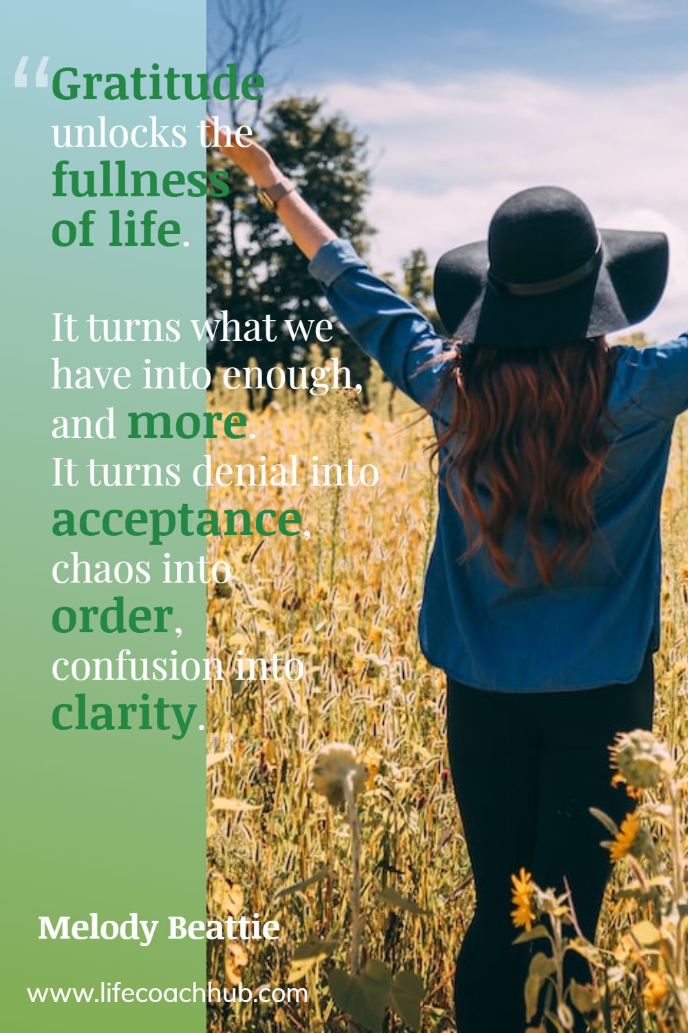 Gratitude unlocks the fullness of life. It turns what we have into enough, and more. It turns denial into acceptance, chaos into order, confusion into clarity. Melody Beattie Coaching Quote