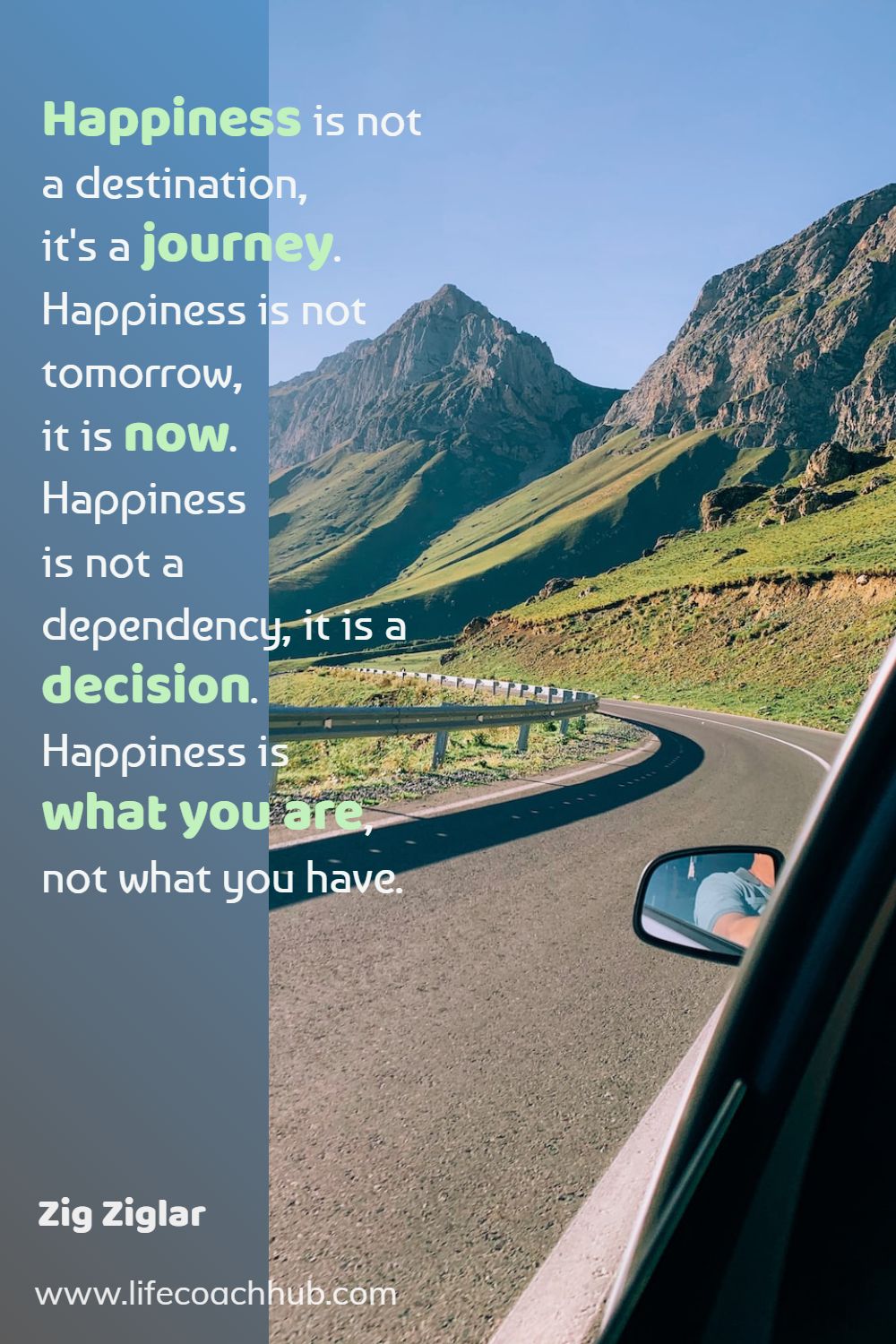Happiness is not a destination, it's a journey. Happiness is not tomorrow, it is now. Happiness is not a dependency, it is a decision. Happiness is what you are, not what you have. Zig Ziglar Coaching Quote