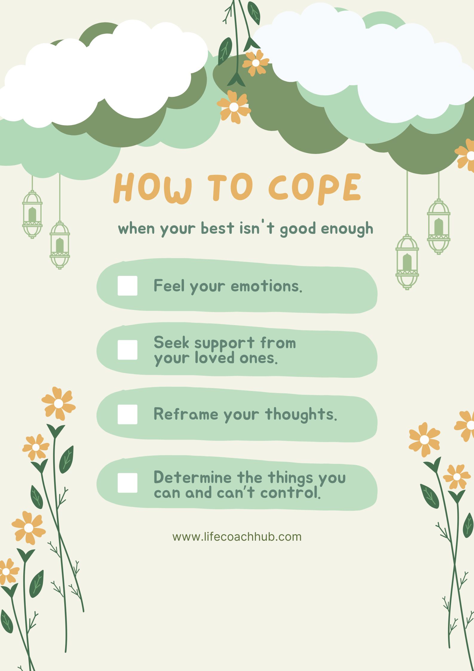 How to cope when your best isn't good enough, feel your emotions, seek support from your loved ones, reframe your thoughts, determine the things you can and can't control, coaching tip