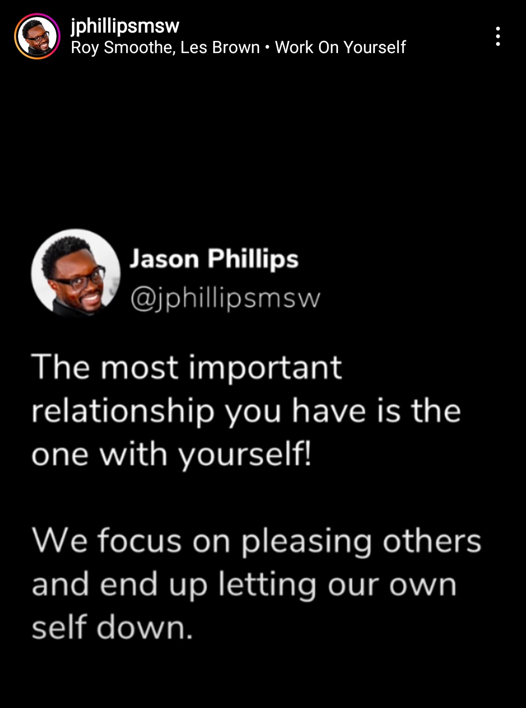 The most important relationship you have is the one with yourself! We focus on pleasing others and end up letting our own self down. Jason Phillips, coaching tip