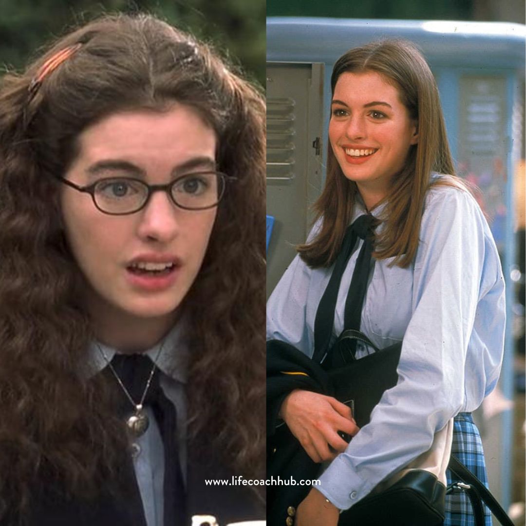 Mia Thermopolis with glasses beauty transformation into a princess, coaching tip