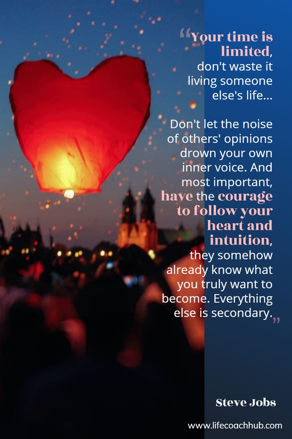 Your time is limited, don't waste it living someone else's life... Don't let the noise of others' opinions drown your own inner voice. And most important, have the courage to follow your heart and intuition, they somehow already know what you truly want to become. Everything else is secondary. Steve Jobs Coaching Quote