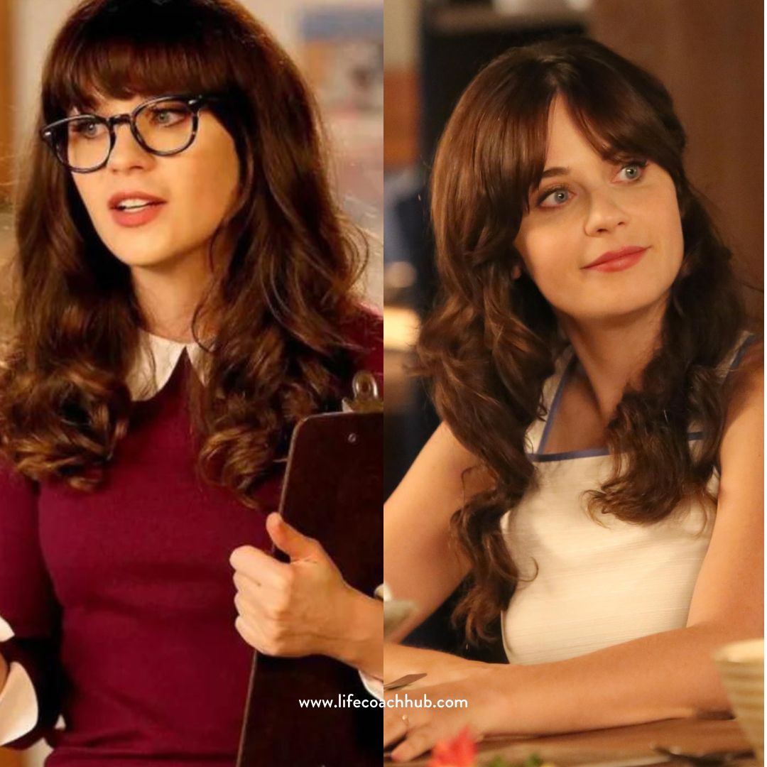 Jess from New Girl with and without glasses, coaching tip