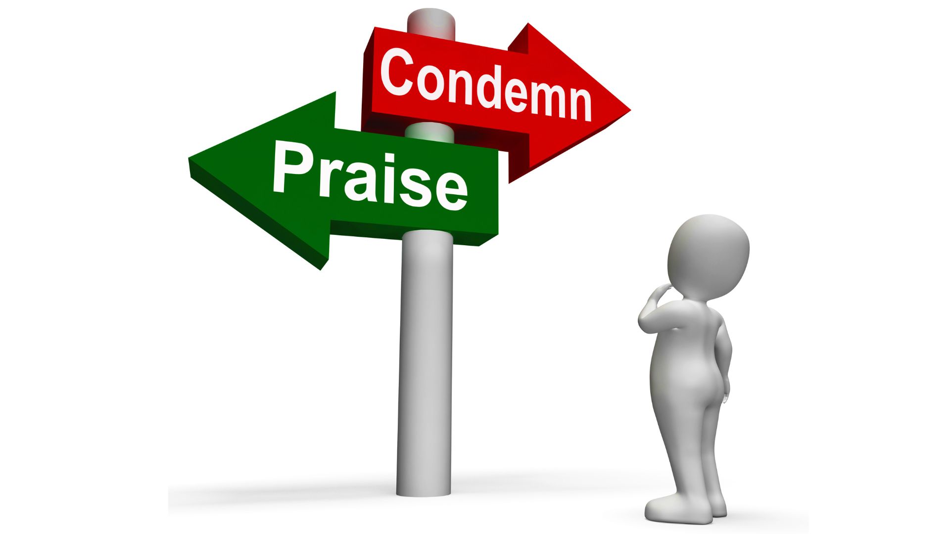 Person looking at sign with 'condemn' on the right direction and 'praise' on the left, what does it mean to hold someone accountable