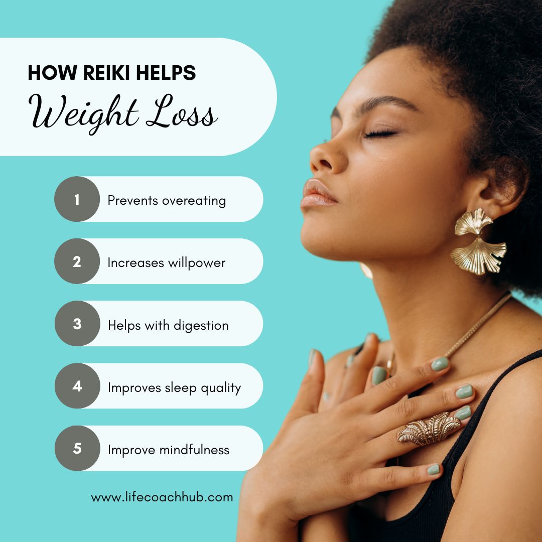 how reiki helps weight loss, prevents overeating, manages pain, helps with digestion and detoxing, improves your sleep, tunes into your body's needs
