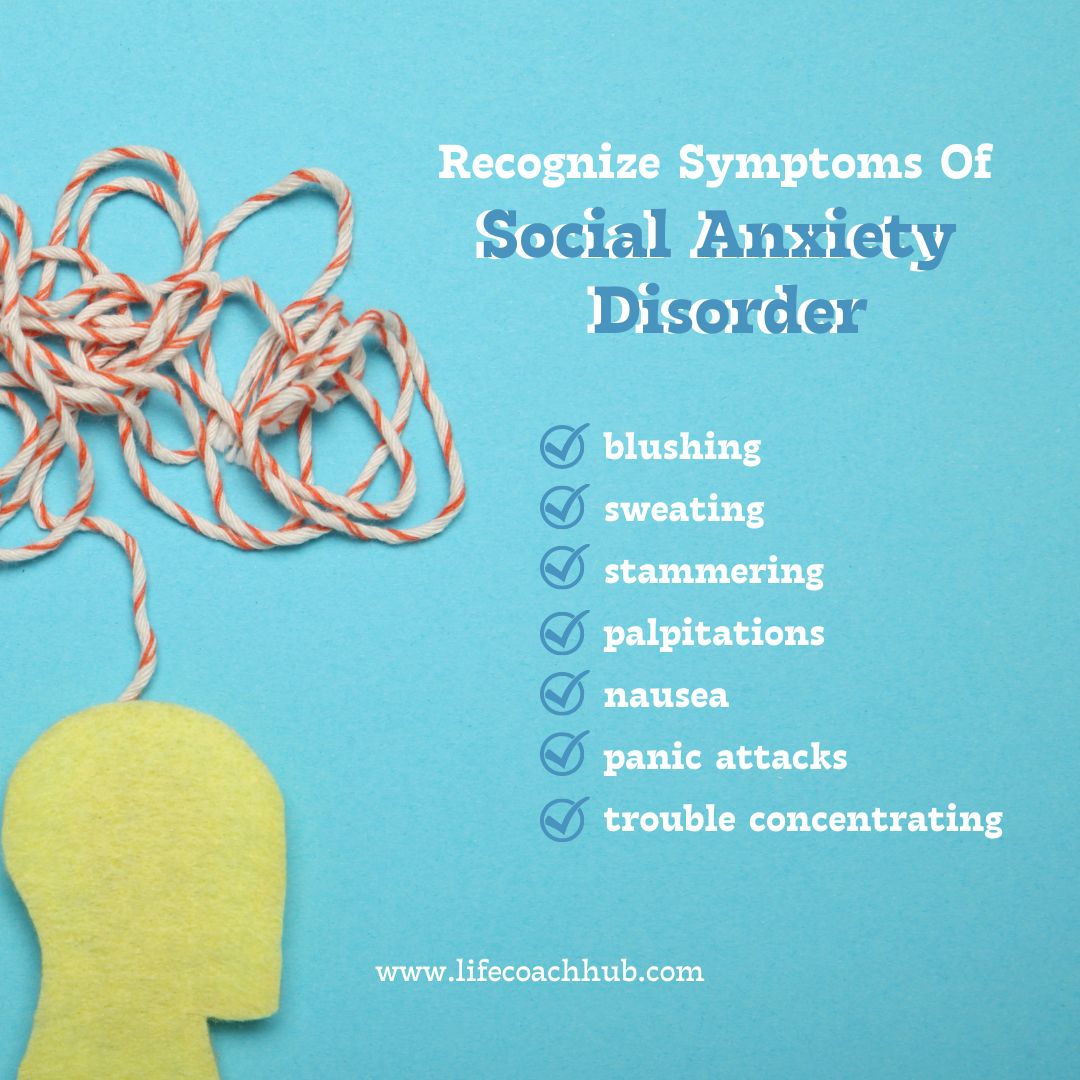 Recognize symptoms of social anxiety disorder, blushing, sweating, stammering, palpitations, nausea, panic attacks, trouble concentrating, coaching tip
