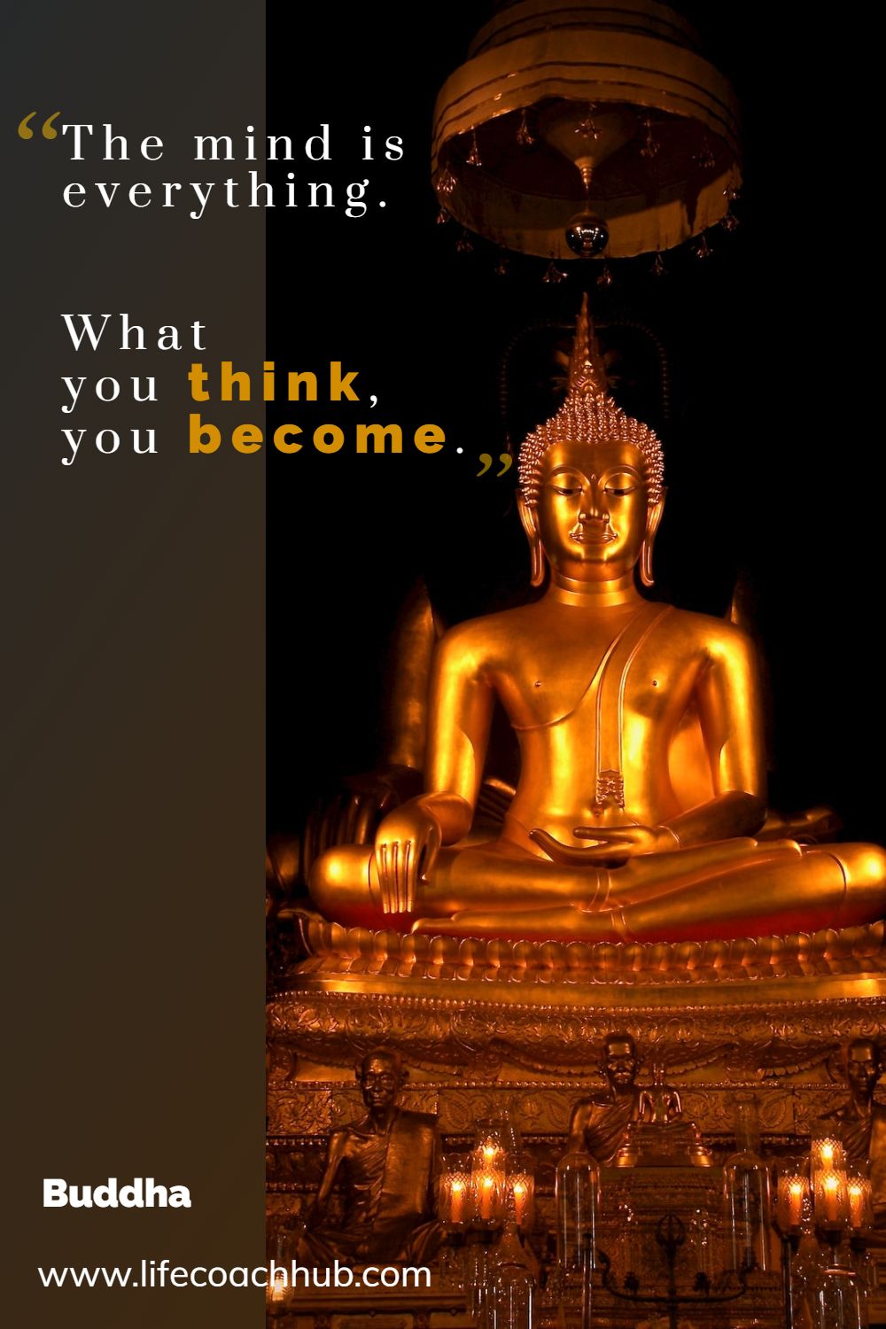 The mind is everything. What you think, you become. Buddha Coaching Quote